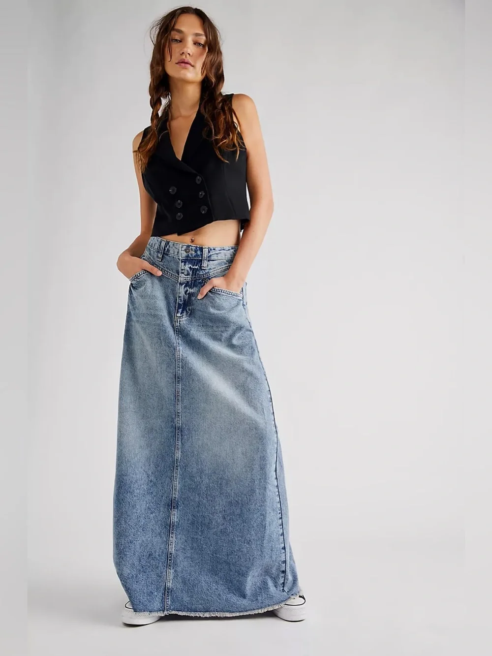 Free People We The Free Come As You Are Denim Maxi Skirt Size 14 NWOT